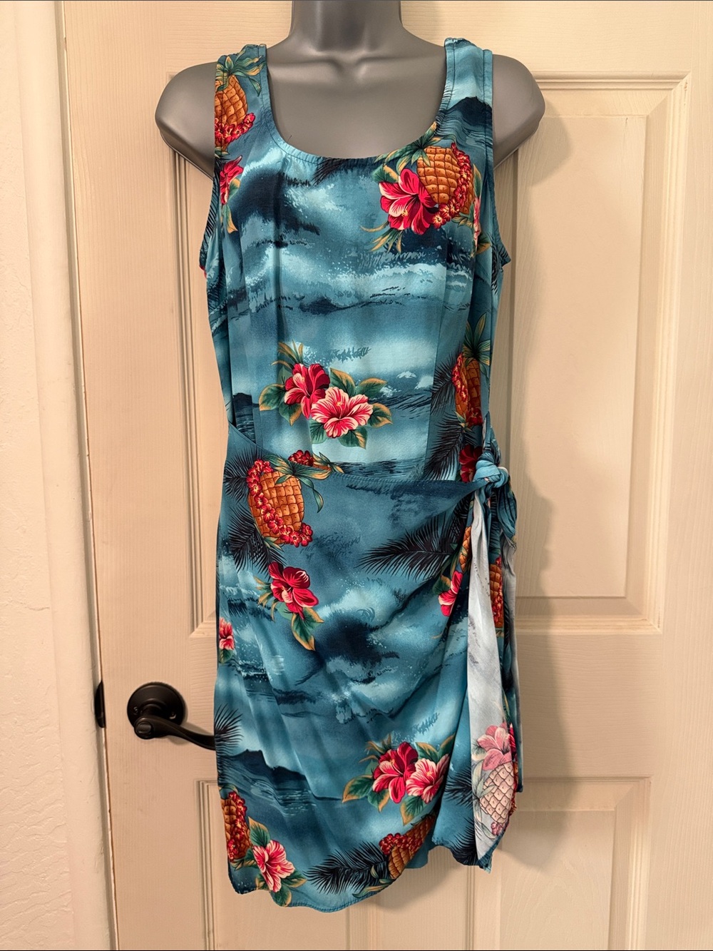 connected apparel Teal Tropical Pineapple Midi Dress with Pink Floral Accents